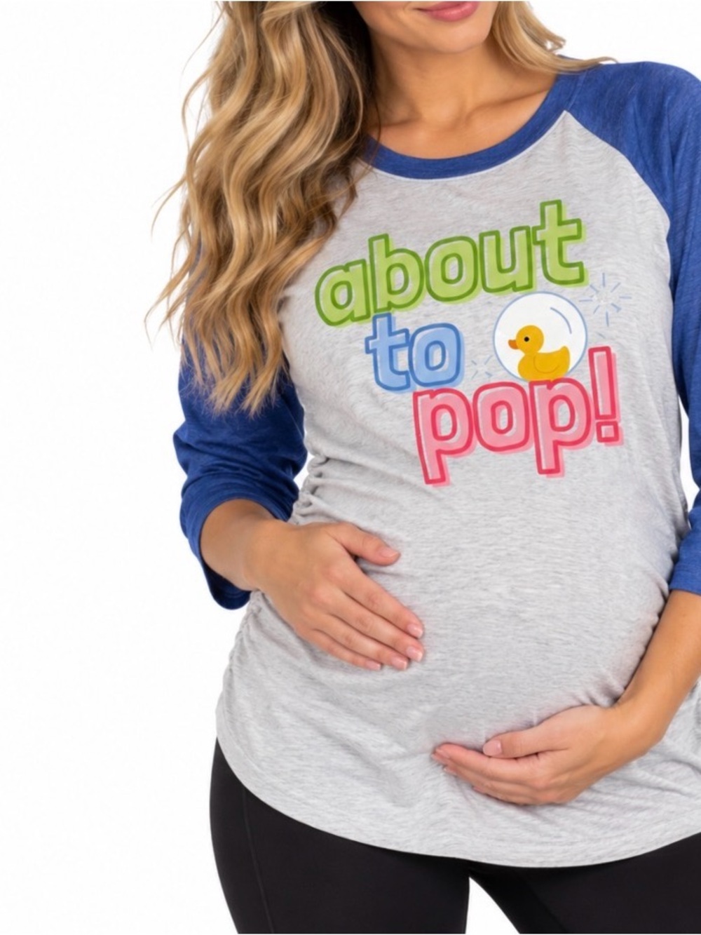 Maternity About to Pop Graphic Raglan Shirt Blue 3/4 Sleeve Pregnancy Top SZ XL